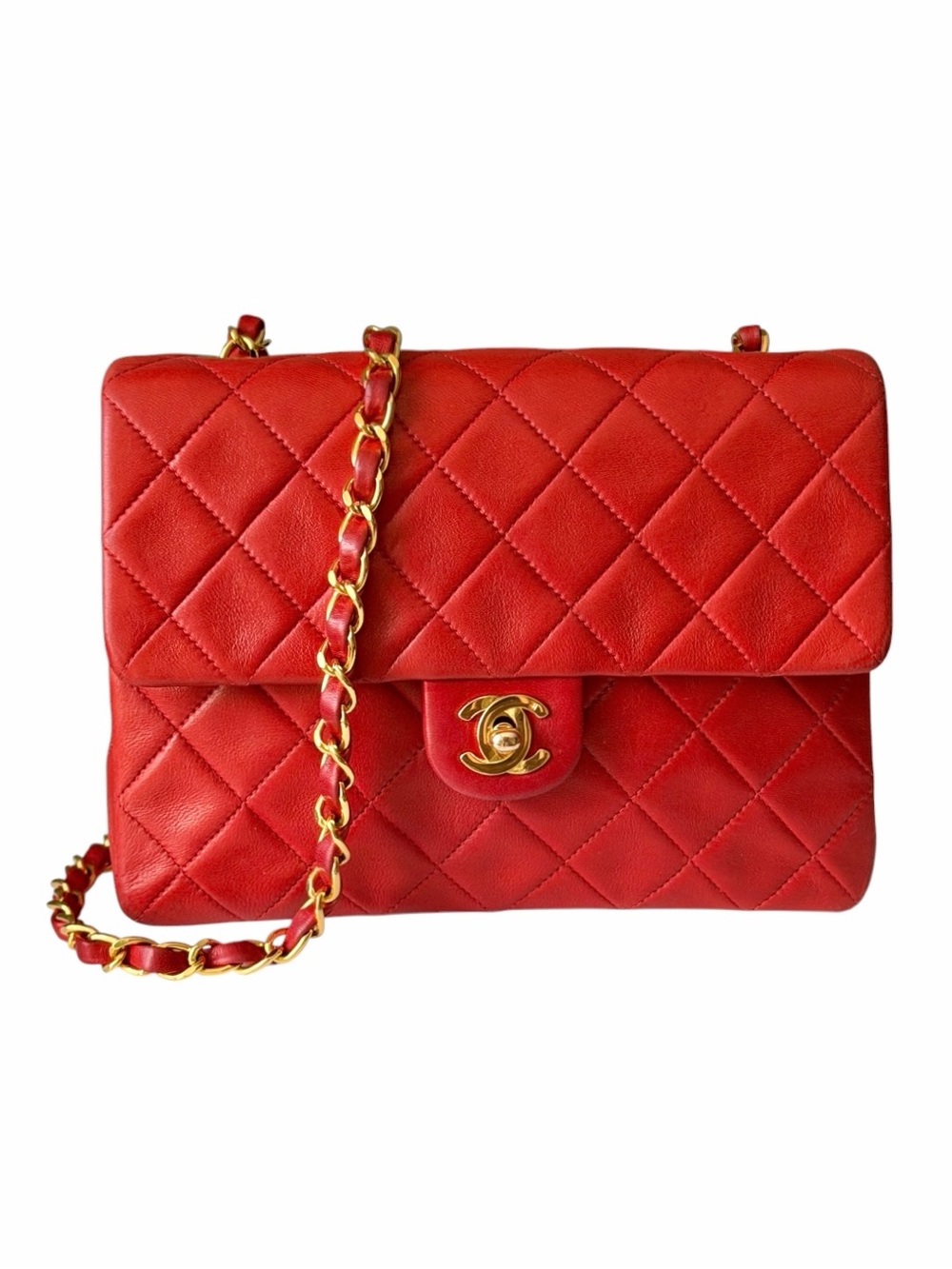 CHANEL Small Single Flap Shoulder Bag Red Lambskin Gold Hardware